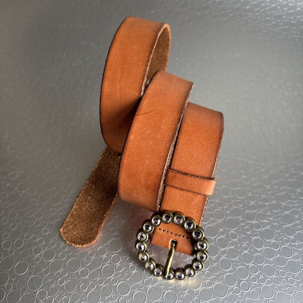 Vintage Old Navy Leather Belt Cognac Brown Rhinestone Circle Buckle - Size L Y2K